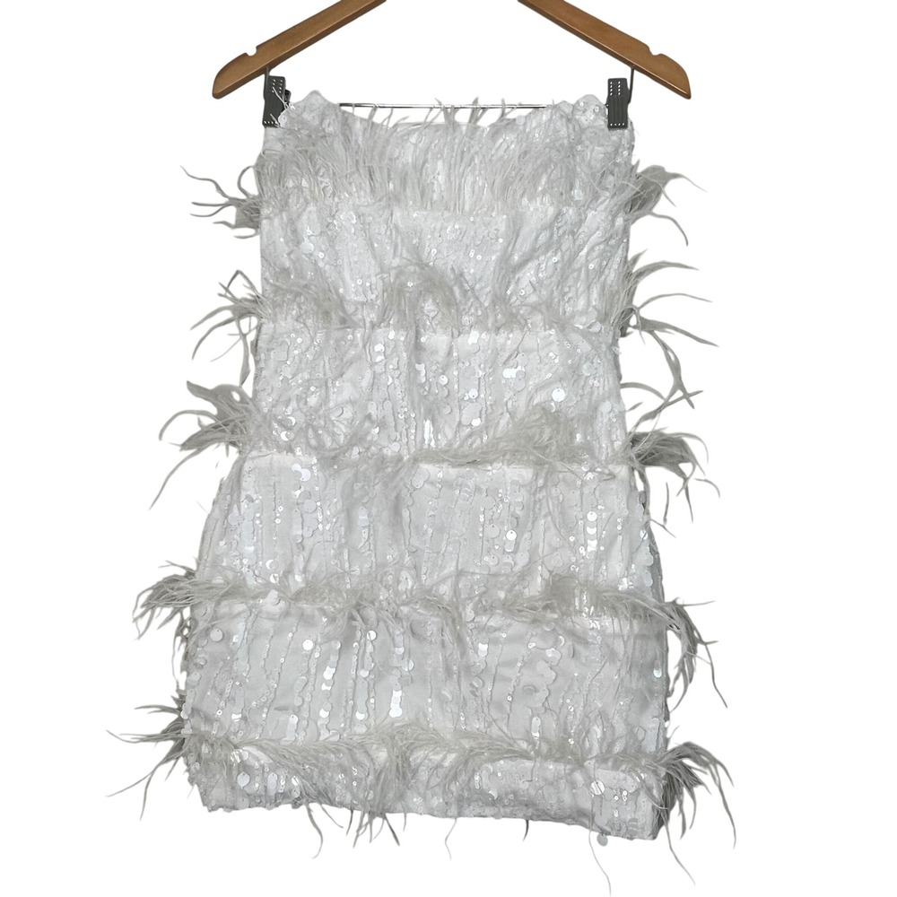 Eliya The Label Tiffany White Sequin Ostrich Feather Strapless Mini Dress sz 6